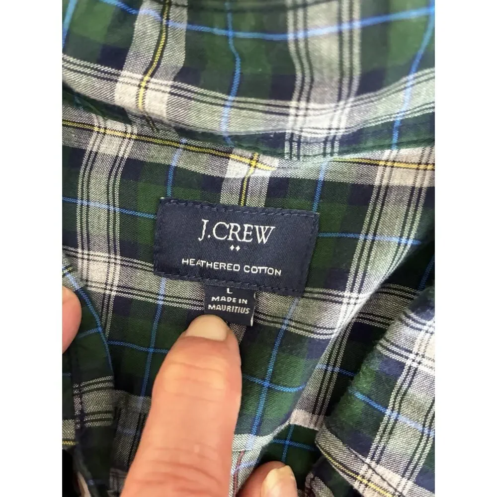 J. CREW Green Plaid Oxford Mens L 100% Heathered Cotton